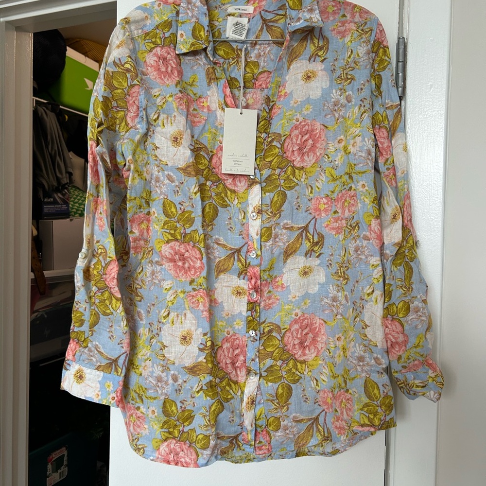 Joie Floral 100% Linen Button Down Shirt - Blue, Pink, Green